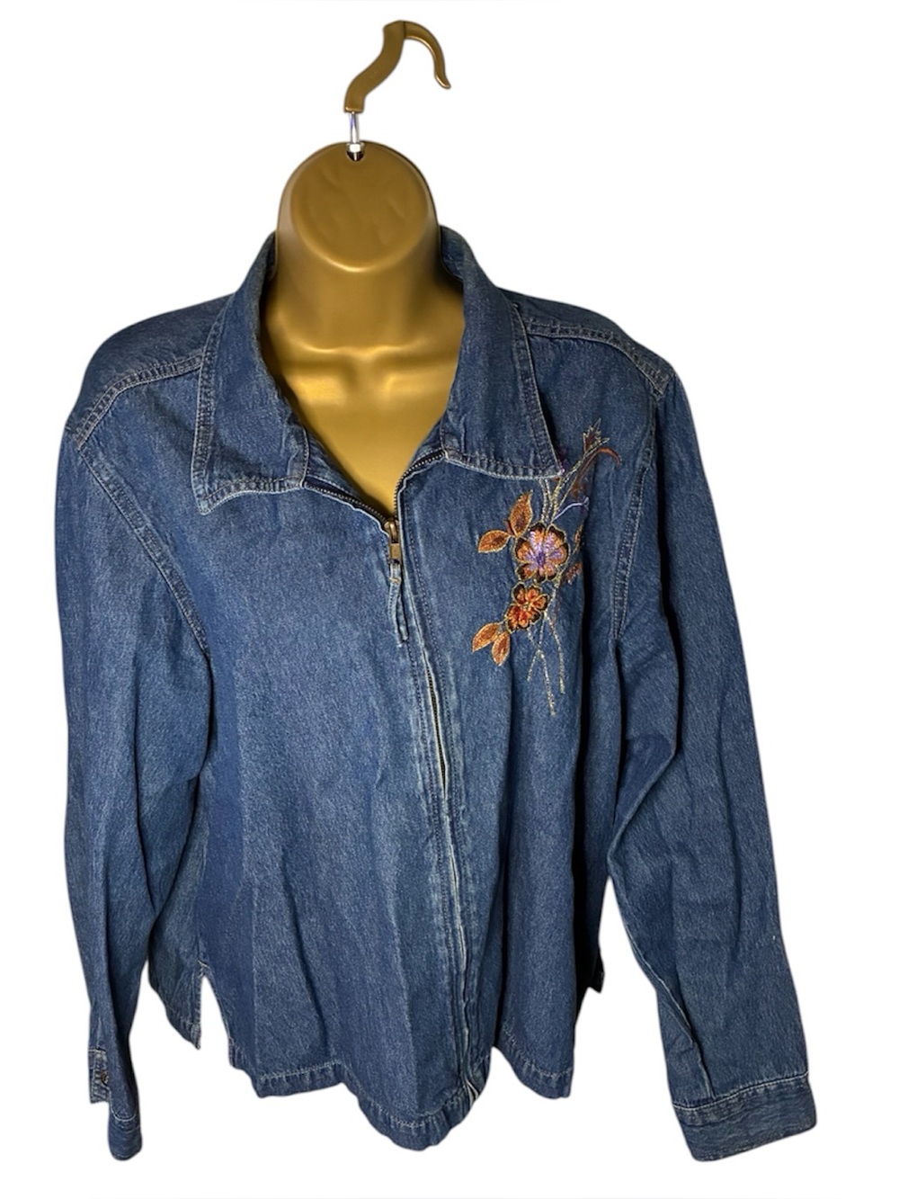 VTG Y2K Erika Embroidered Floral Zip Front Denim Jacket Long Sleeve Blue L